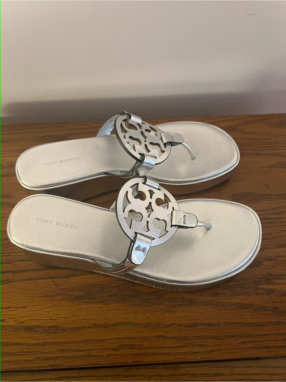 Tory Burch Miller Wedge Metallic Leather Thong Sandals